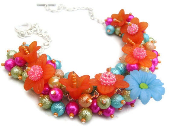 Pearl Beaded Necklace, Cluster Necklace, Chunky Necklace, Floral Necklace - Tropical Flowers - Original Designs by Kim Smith