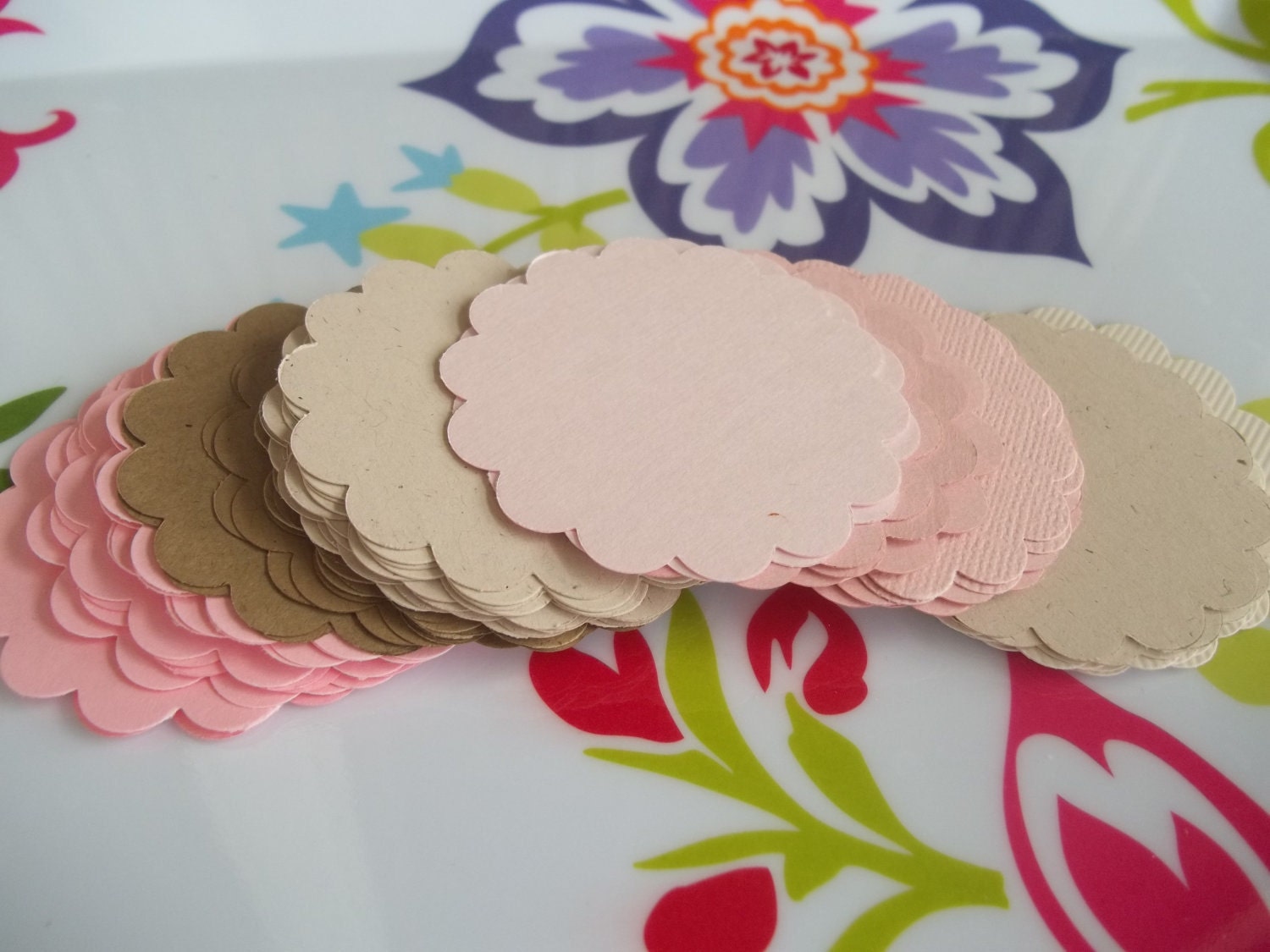 50 Scalloped Circles in 3 inch Size Pink, Brown and Light Green Mix