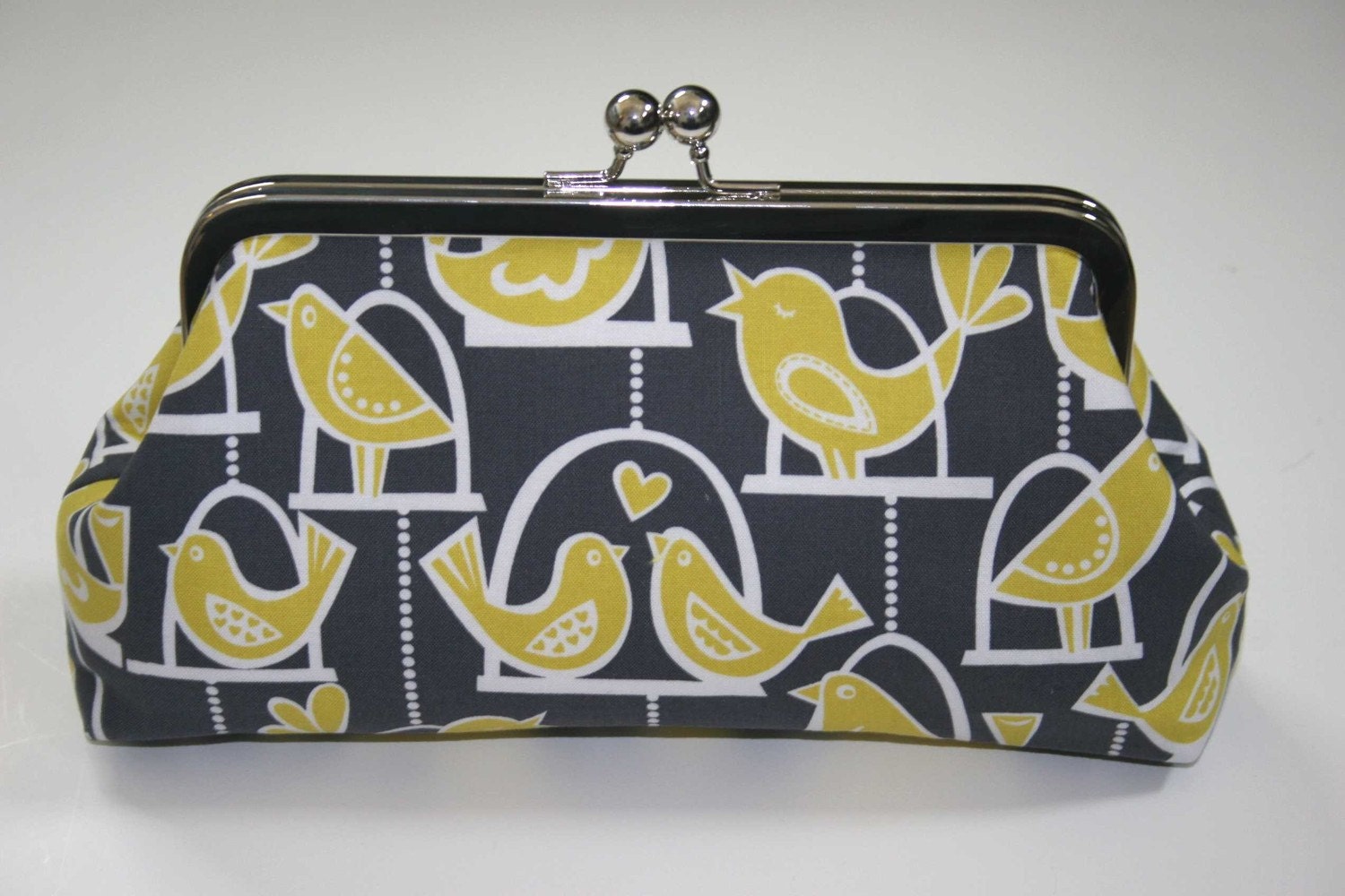 Clutch Purse Yellow Citron and Gray Swinging Love Birds Bridesmaid Clutch