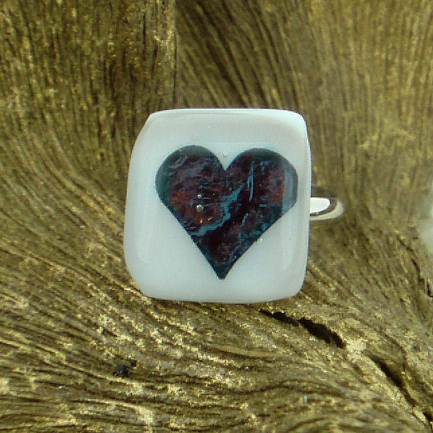SALE... Fused Glass Ring .. White with encased Teal Blue Heart... Adjustable Shank