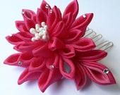 Hot Pink Fuchsia Chrysanthemum - Kanzashi Fabric Flower Hair Comb - Made To Order
