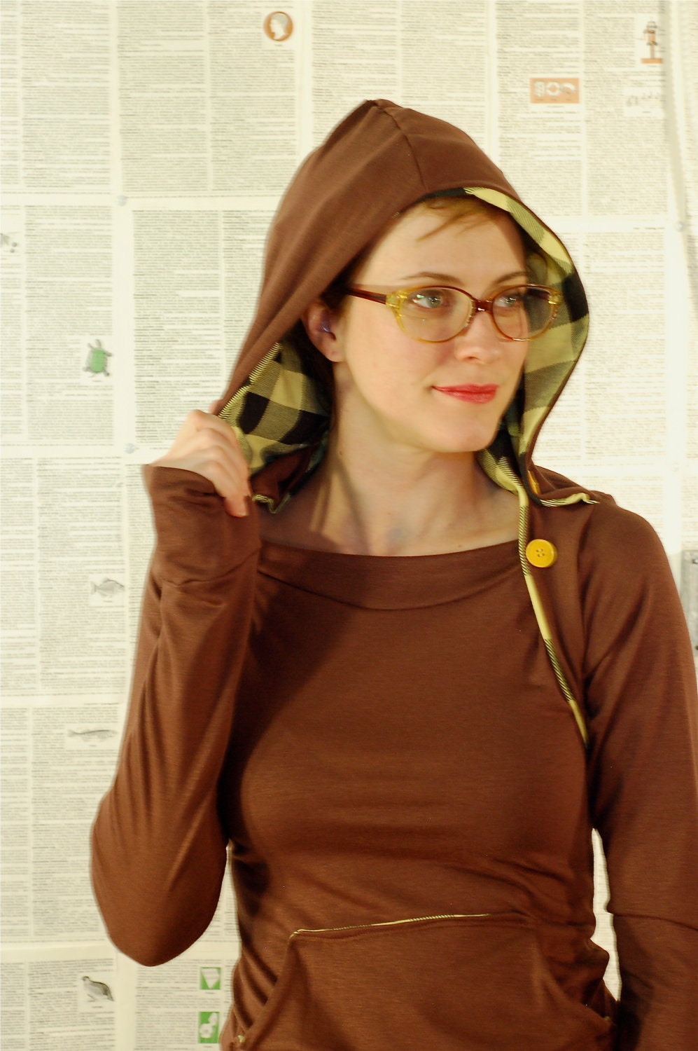 lightweight cotton Hoodie-- Brown and Yellow Plaid.  double collar hooded longsleeved tshirt, buttoned versatility, kangaroo pocket