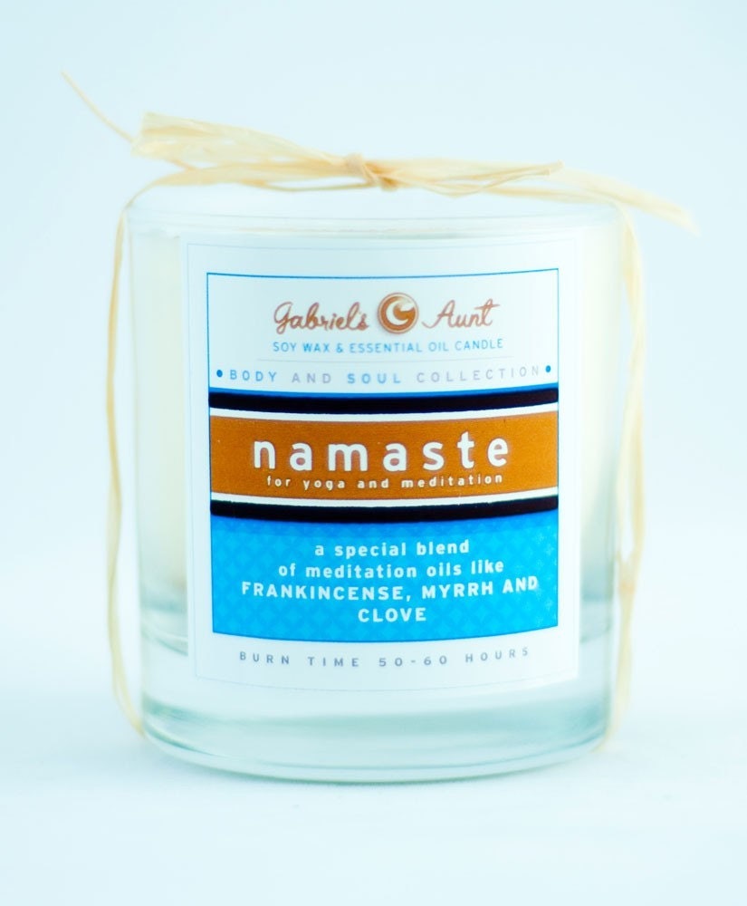 Namaste Body and Soul Line Meditation 8 ounce 60 hour burn time candle with Myrrh Frankincense Sandalwood Non Toxic Eco Friendly Natural