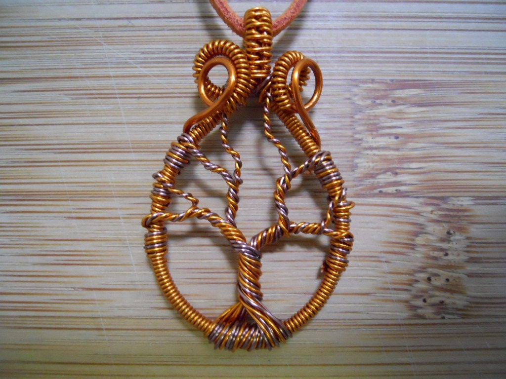 Wire Tree of Life Pendant Wrapped in Amber and Antique Copper Parawire