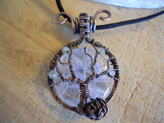 Tree of Life Pendant Quartz and Green Amethyst Prasiolite Wrapped in Hammered Stamped Oxidized Copper Wire