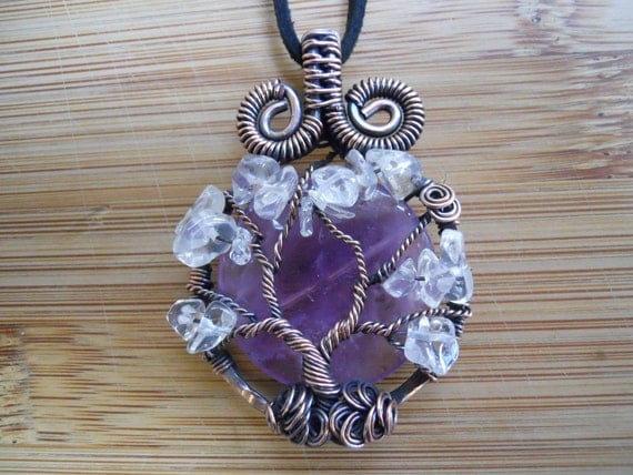 Tree of Life Pendant Amethyst Clear Quartz Wrapped in Hammered Oxidized Copper Wire