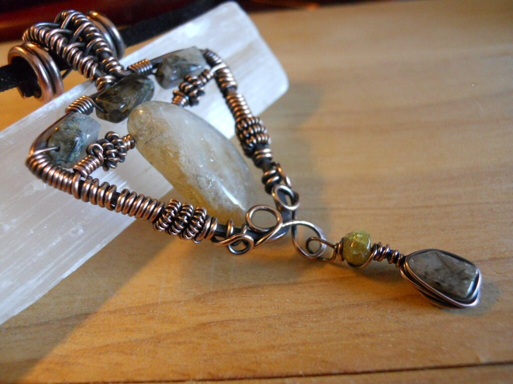 Citrine Dangle Tourmalinated Quartz Wire Wrapped in Oxidized Copper Wire Triangle Pendant
