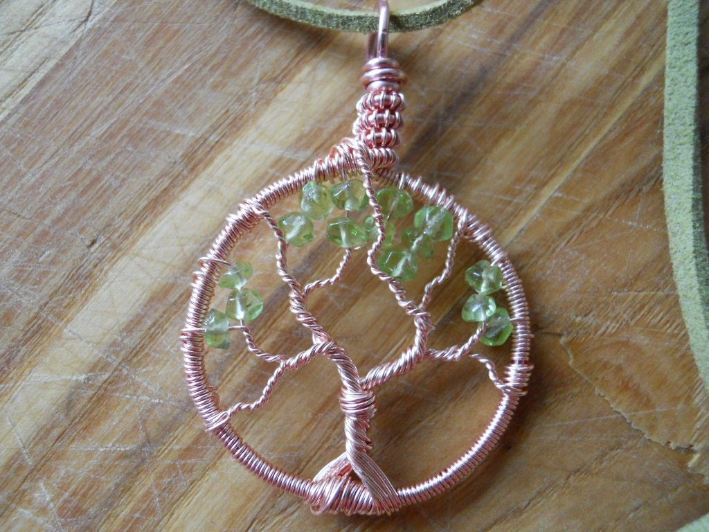Tree of Life Pendant Green Peridot Wire Wrapped in Pink Silver Rose Gold Parawire SUMMER SALE
