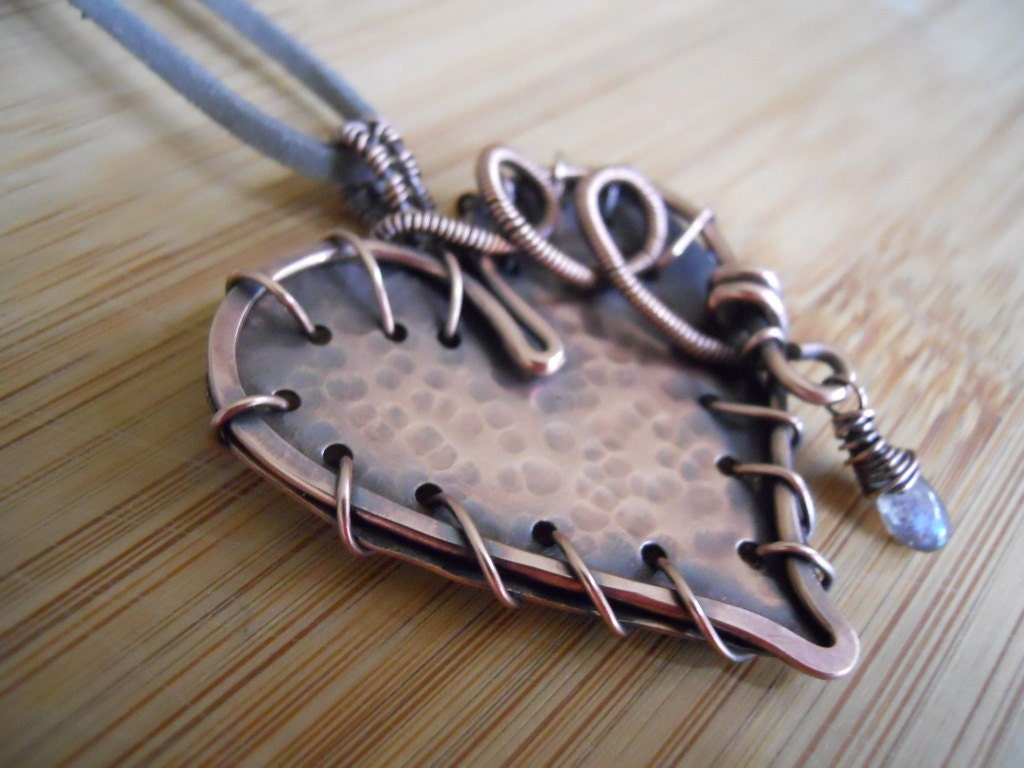 Mended Heart Labradorite Teardrop Copper Sheet Cut Hammered and Oxidized Wire Wrapped