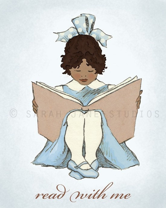 Children's Wall Art Print - Read With Me (Blue A) - 8x10 - Girl Kids Nursery Room Decor