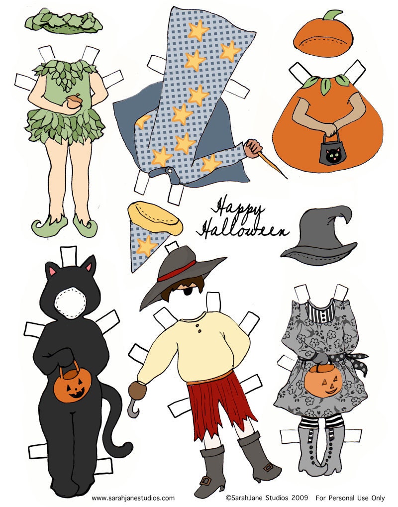 Paper Dolls - PDF Printable - Halloween - 6 dolls and outfits