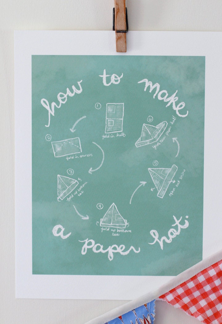 Children's Wall Art Print - How to Make a Paper Hat - 8x10 - Kids Nursery Room Decor