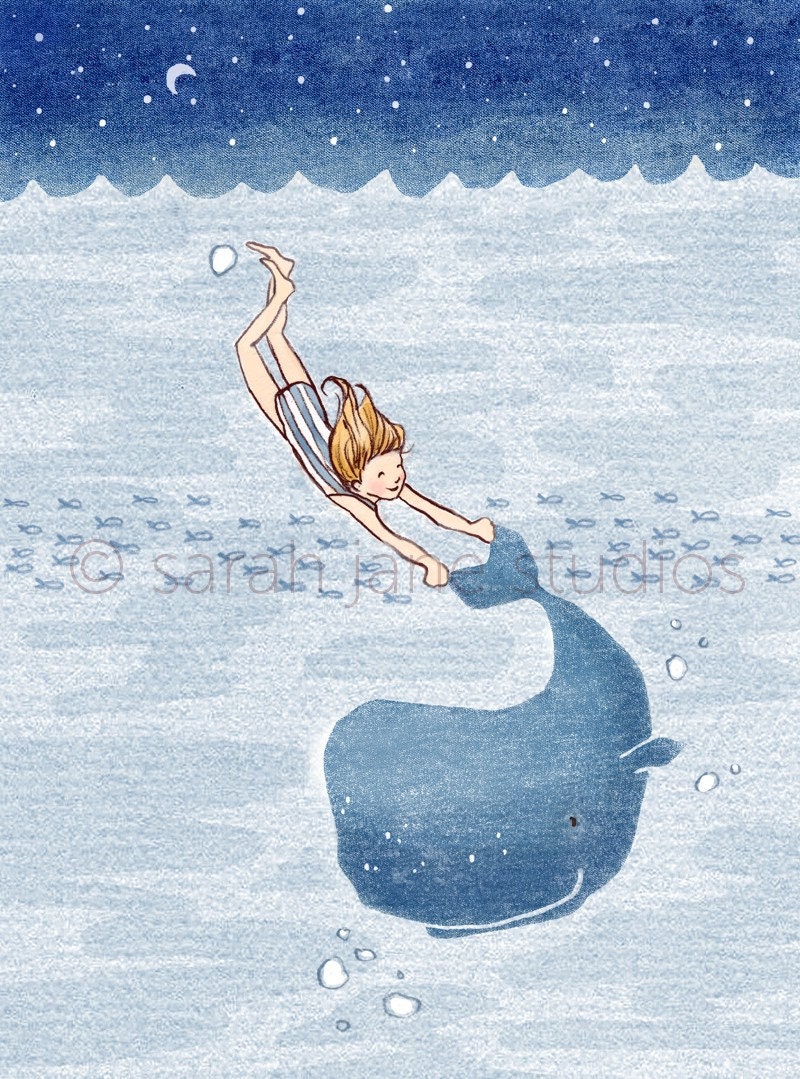 Children's Wall Art Print - Whale Dreams (Girl) - 8x10 - Kids Nursery Room Decor