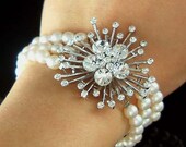 Bridal Wedding 3 Strand Row Cream White Freshwater Pearl Swarovski Crystal Spring Blossom Flower Brooch Sterling silver Bracelet