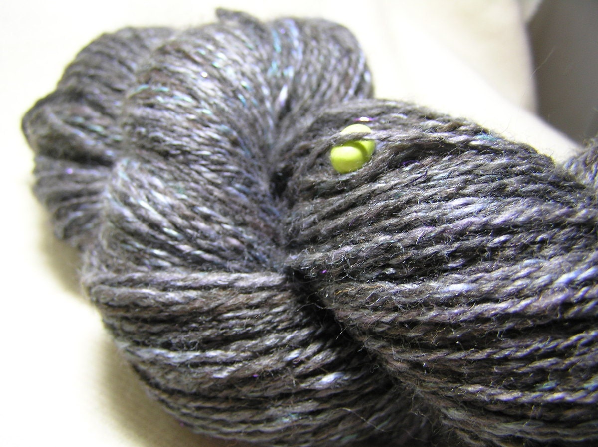 113g two ply black and blue handspun wool yarn