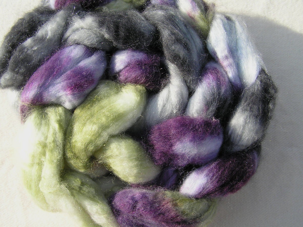 138g (4.8oz) superwash merino and bright trilobal nylon top, purple, green. grey