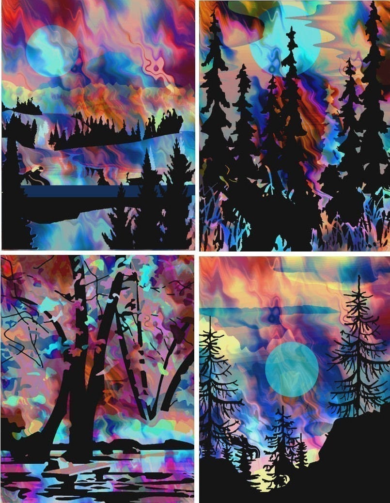 Artist Made Fabric 4 Panels Aurora Borealis Landscape College Fiber Art Quilting