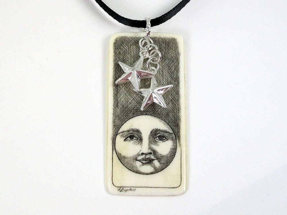 Scrimshaw Lunar Piano Key Pendant, Moon and Stars