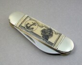 Scrimshaw Nautical Pocket Knife with Clipper Ship, Anchor and Rope borders