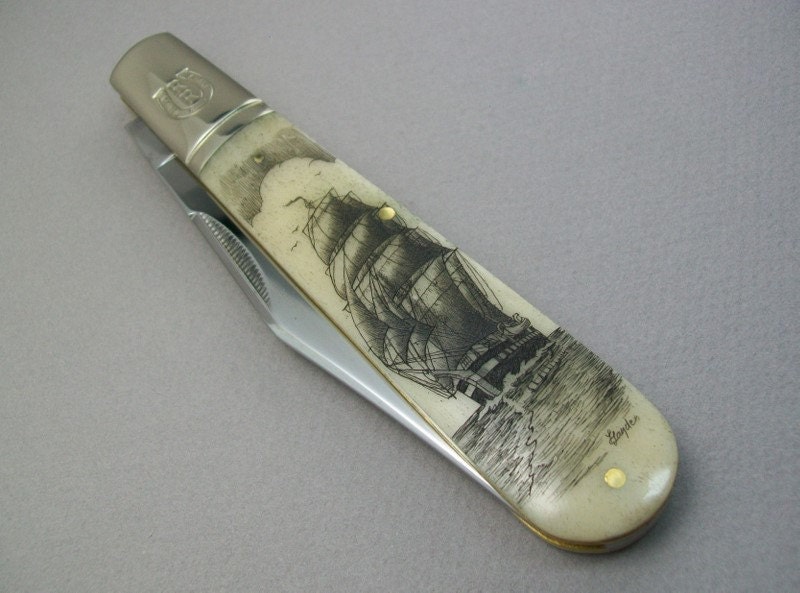 Scrimshaw Pocket Knife, Big Daddy Barlow with Whaling Ship