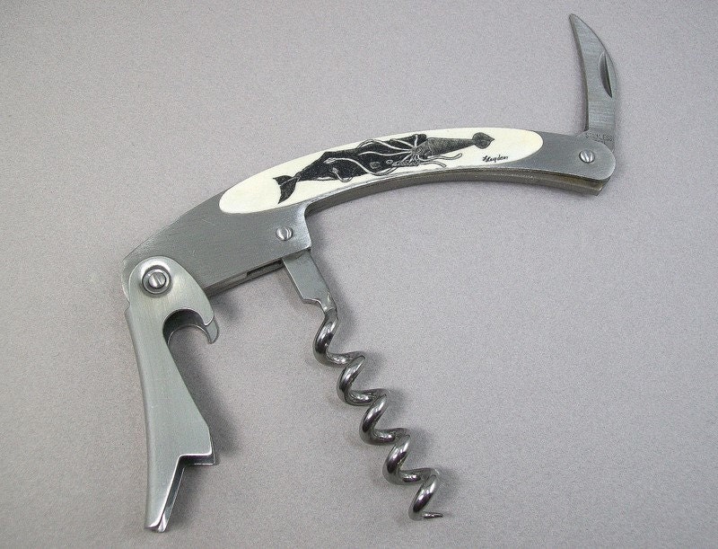 Scrimshaw Custom Initialed Corkscrew Wine Bottle Opener, Whale and Squid on Ivory