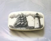 Scrimshaw Money Clip Knife with Lighthouse with ship in background - lindalayden