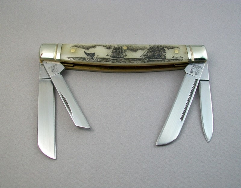 Scrimshaw Congress Pocket Knife with Ships and Whale fluke