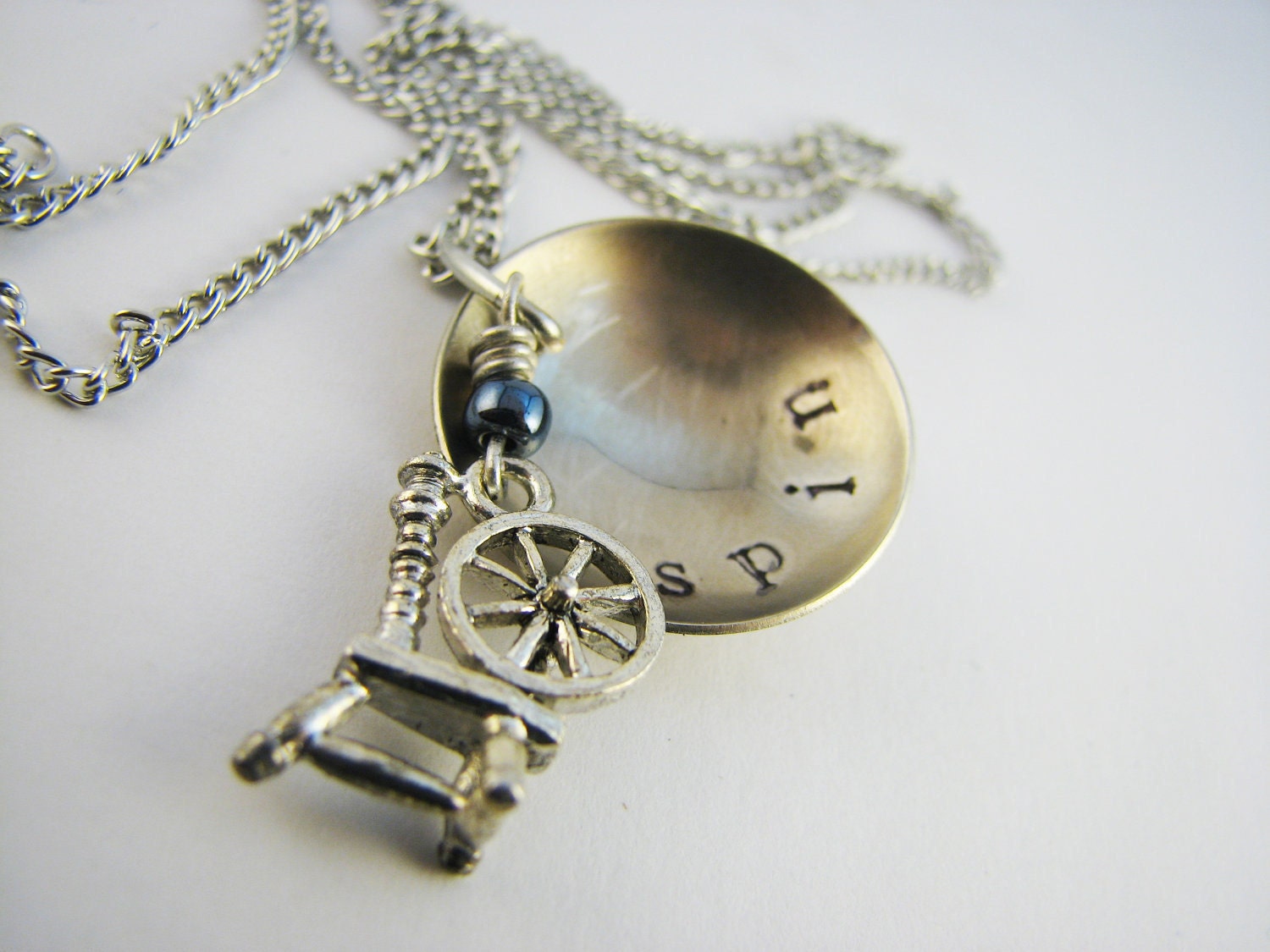 Necklace for Spinners - Stamped Nickel Silver Disc with Pewter Charm