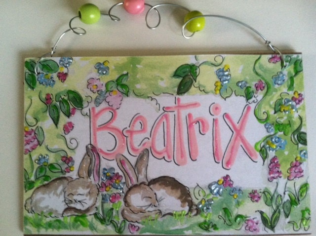 Hand personalized beatrix bunnies name sign