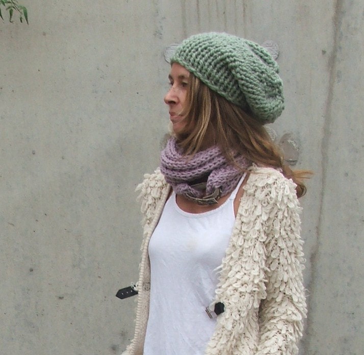 green hat /  Dusky pale green chunky winter hand knit HAT