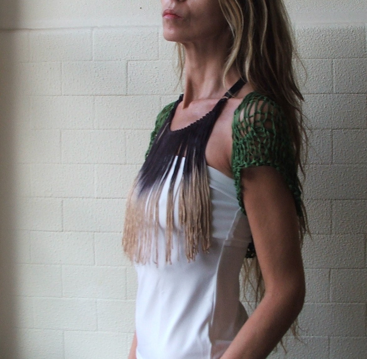 green shrug in emerald  bamboo tape yarn Short sleeved Shrug Ltd edition