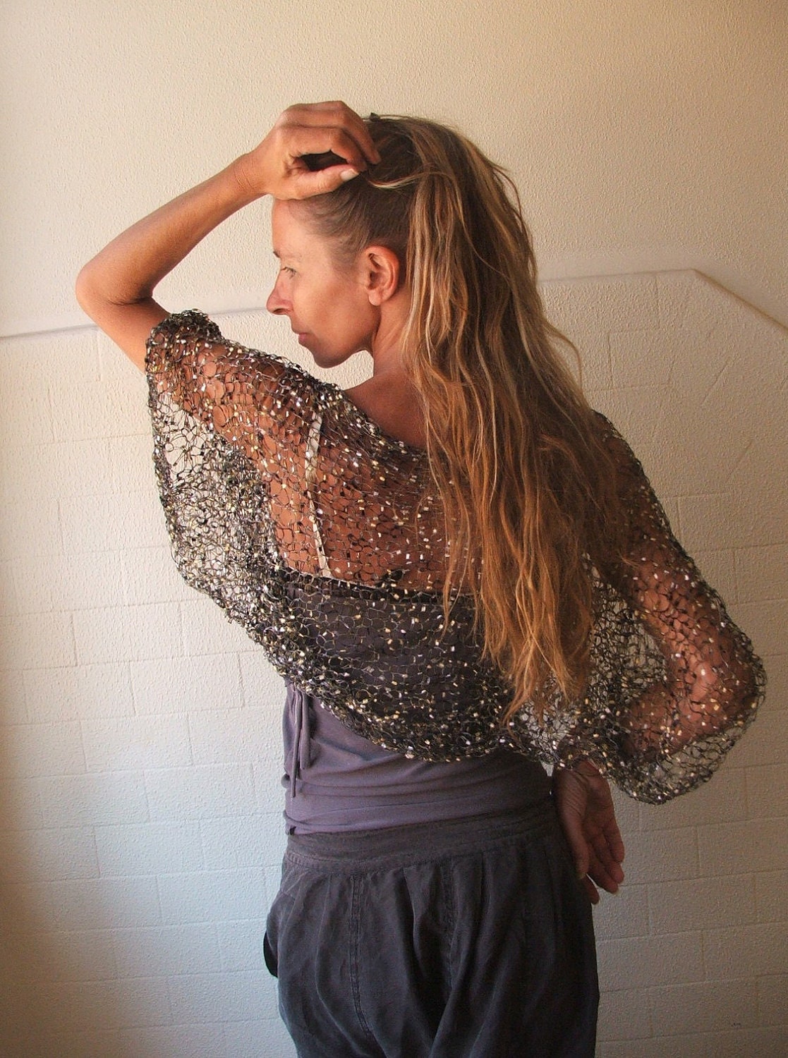 Black shrug with Gold and Silver, firefly loose weave evening shrug