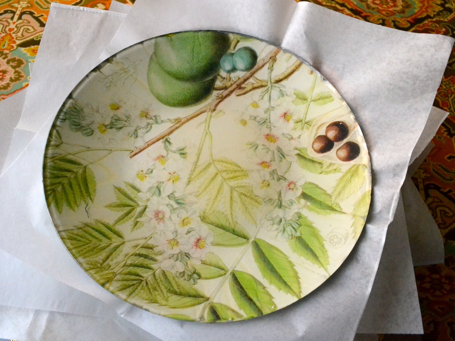 Flowering Branches - Decoupage Plate - Plum and Olive Green