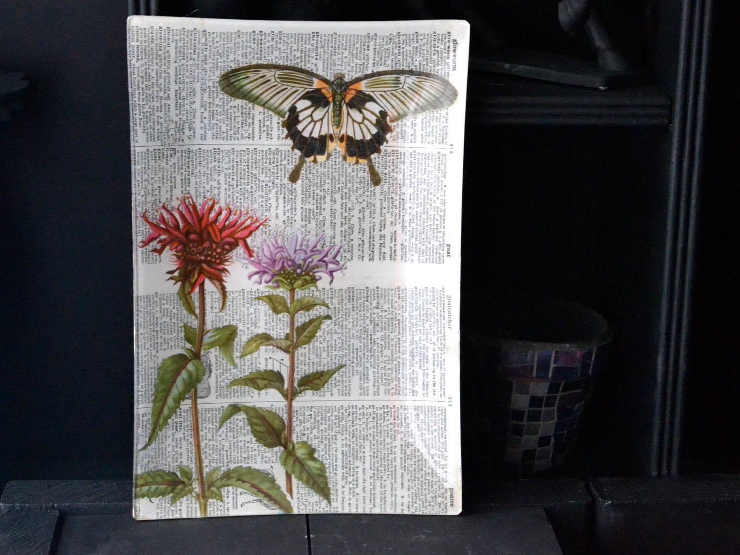 Bibliophile Decoupage Large Tray - Papercut Butterfly and Flowers Double Dictionary Page green purple black white home decor glass plate