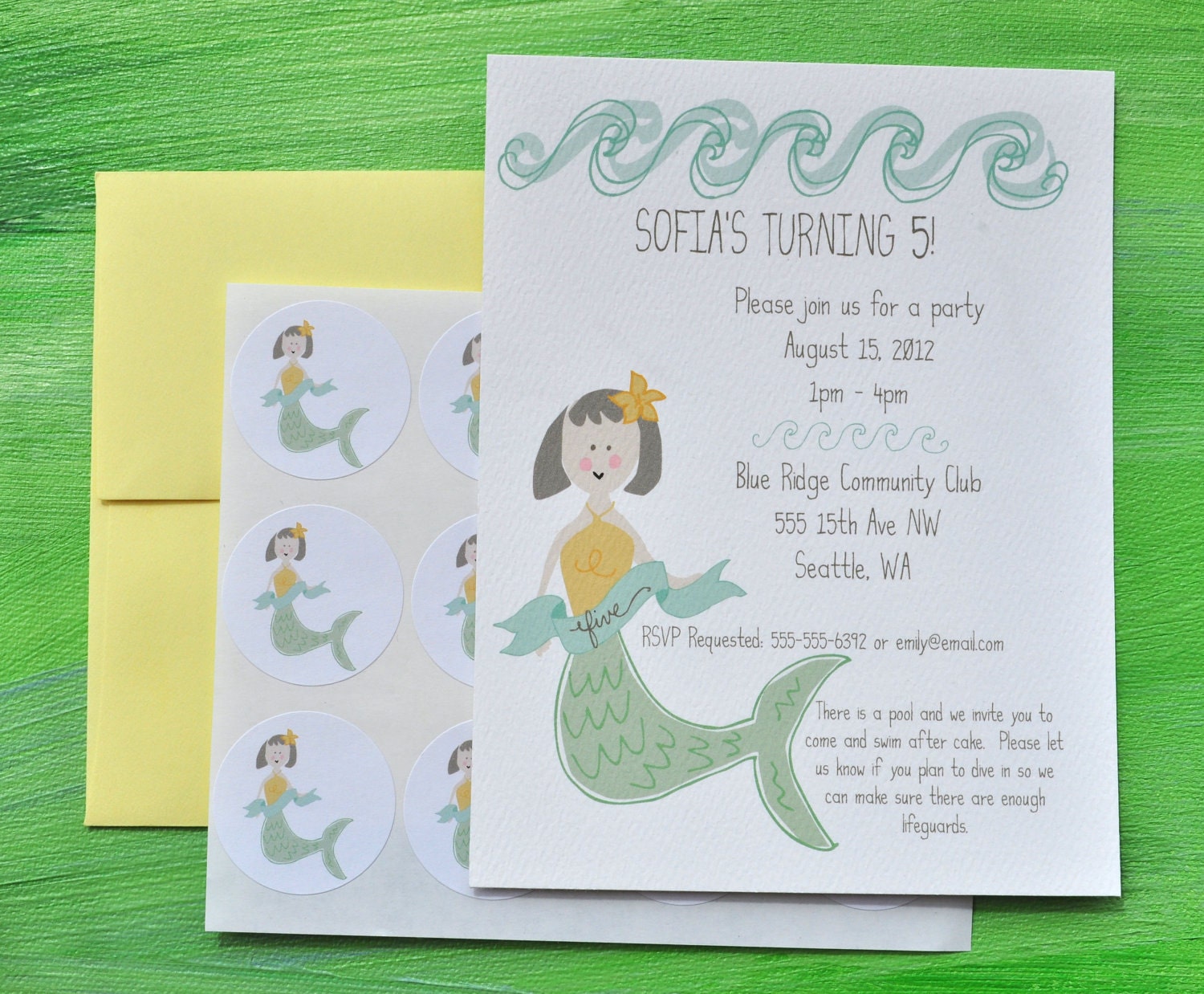 Mermaid Childrens Birthday Party Personalized Invitations plus Stickers Set