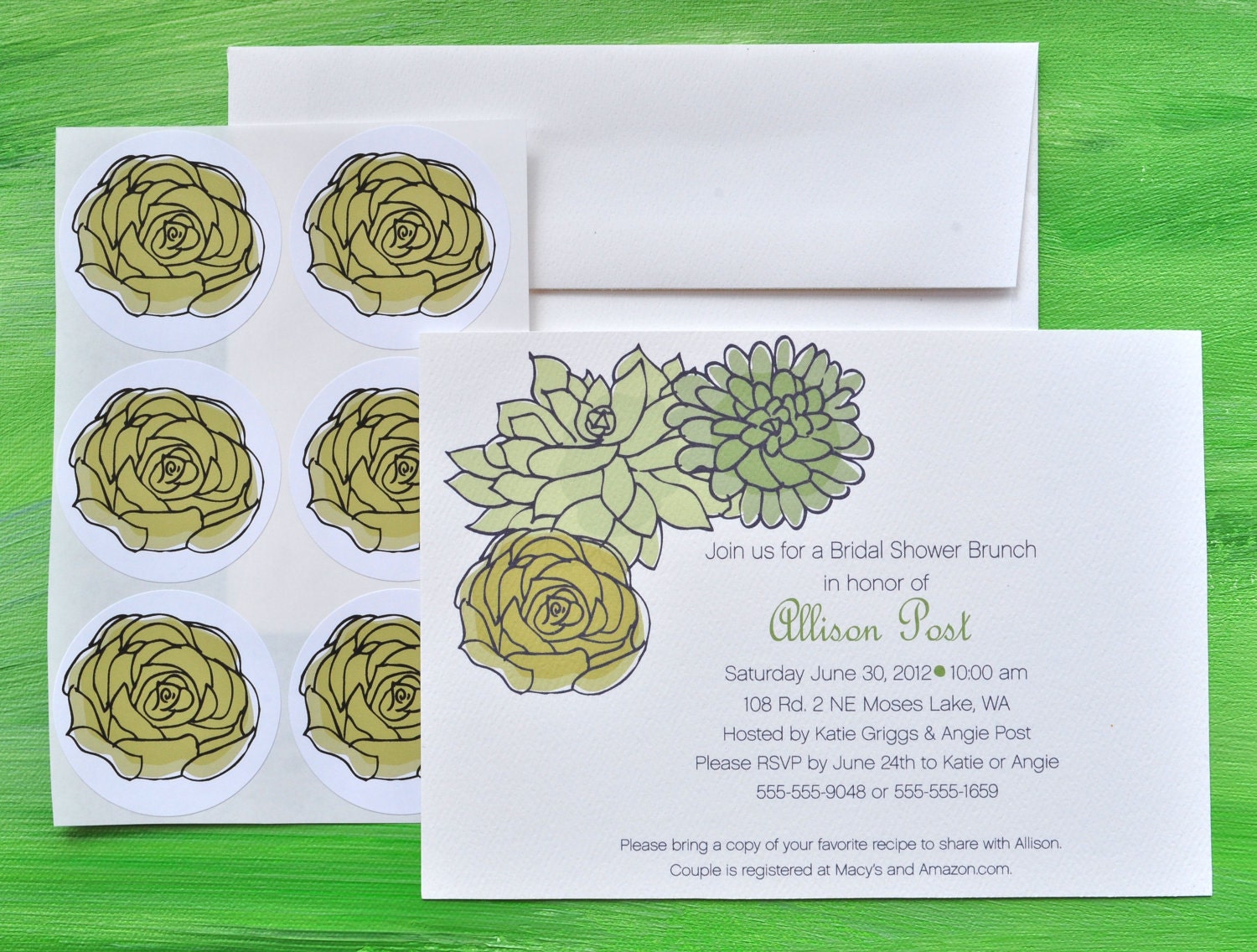Succulent Bridal Shower Custom Invitation Set with Stickers