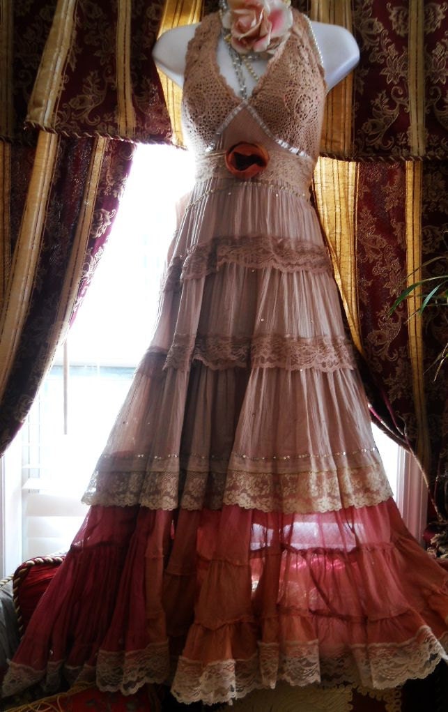 Tea stained dress maxi  crochet rust pink ruffles lace gypsy  prairie small  by vintage opulence on Etsy