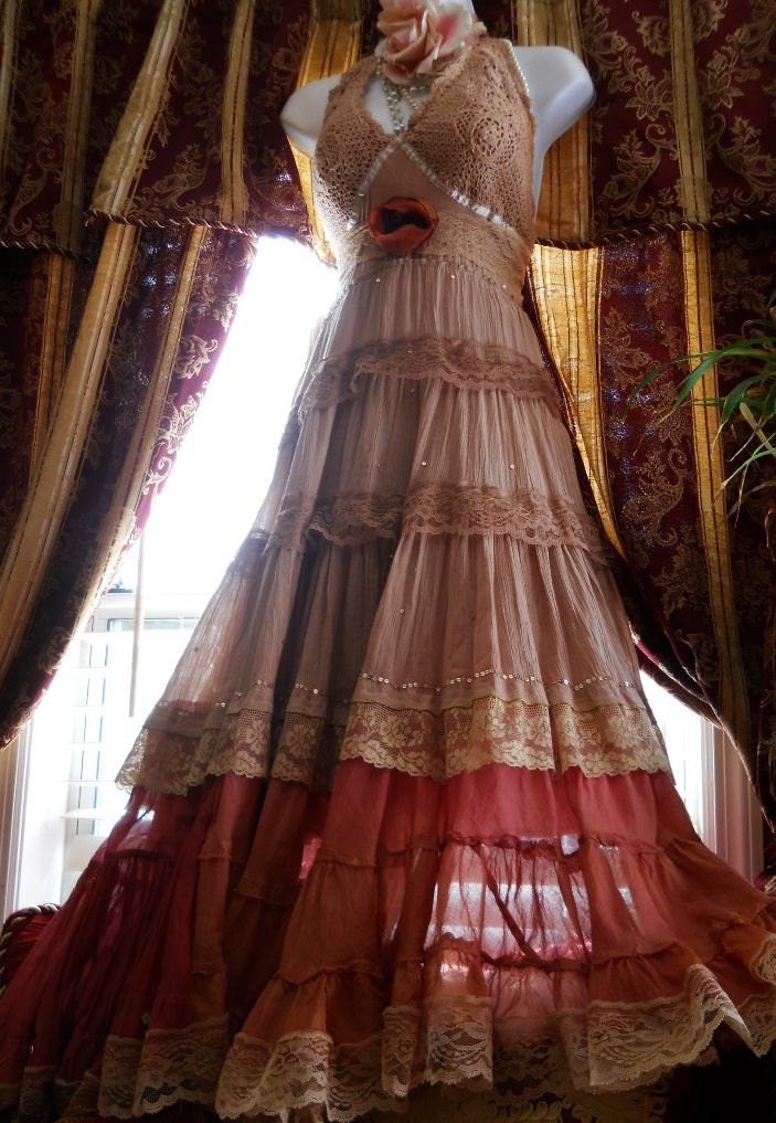 Tea stained dress maxi  crochet rust pink ruffles lace gypsy  prairie small  by vintage opulence on Etsy