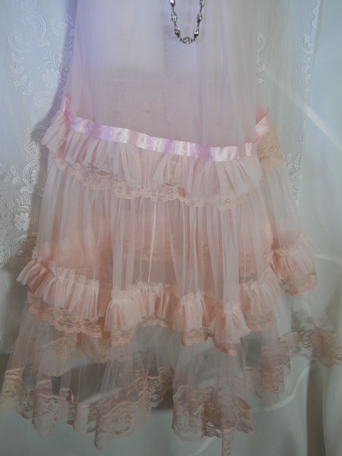 Pink ruffle dress sheer maxi boho tulle lace fairytale romantic medium by vintage opulence on Etsy