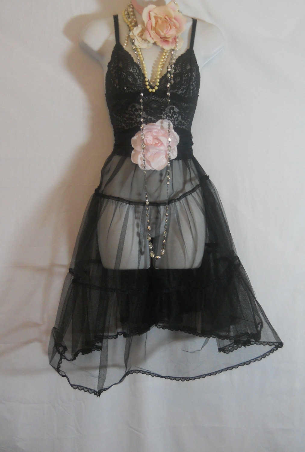 Black lace dress sheer babydoll rose goth small medium by vintage opulence on Etsy