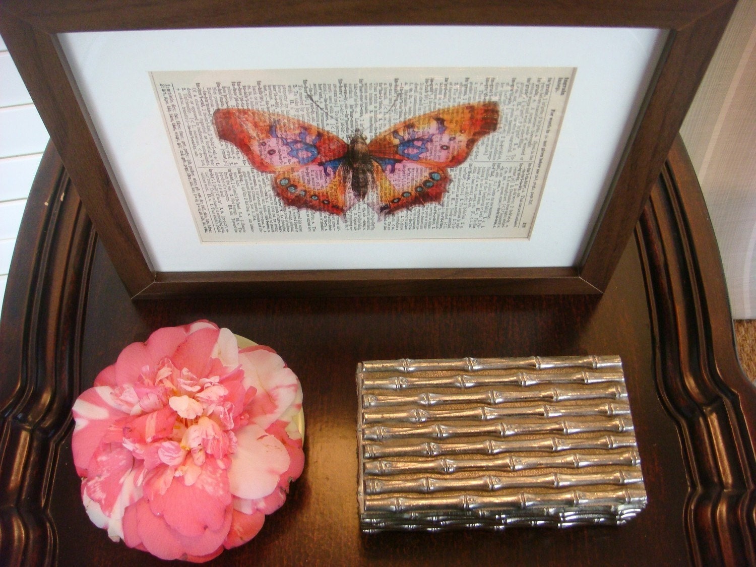 Butterfly - vintage pink butterfly artwork printed on old dictionary page