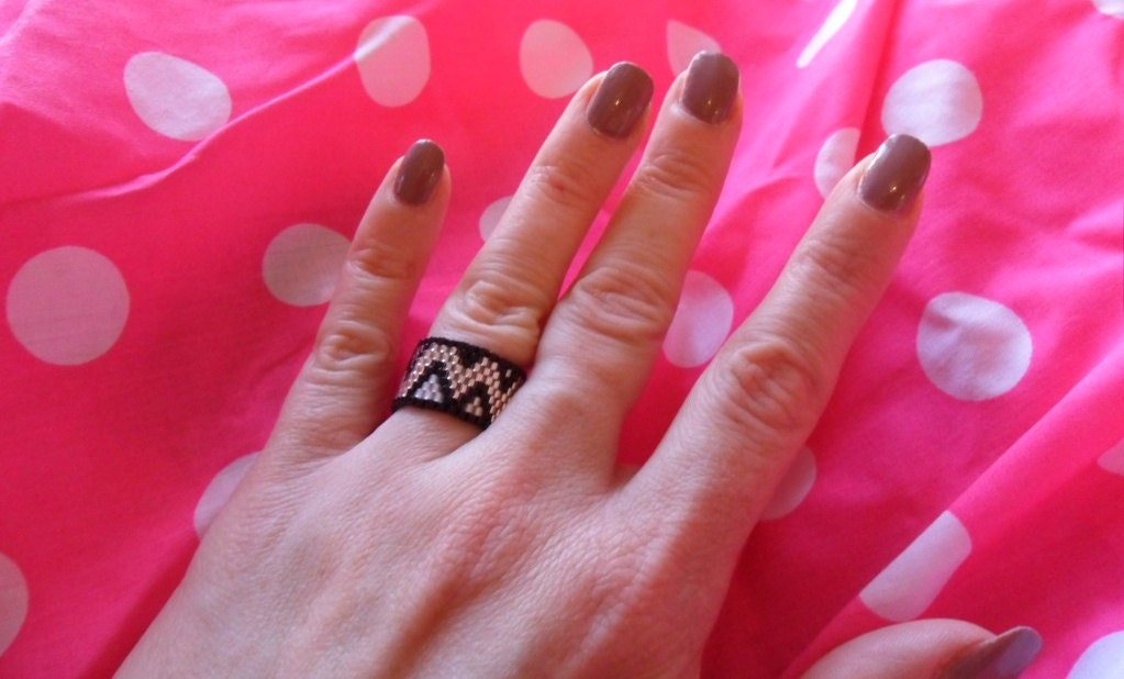 Monochrome fine beaded ring - one of a kind