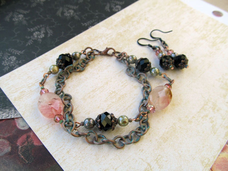 SALE Watermelon Quartz Bracelet with Earrings Vintage Romance