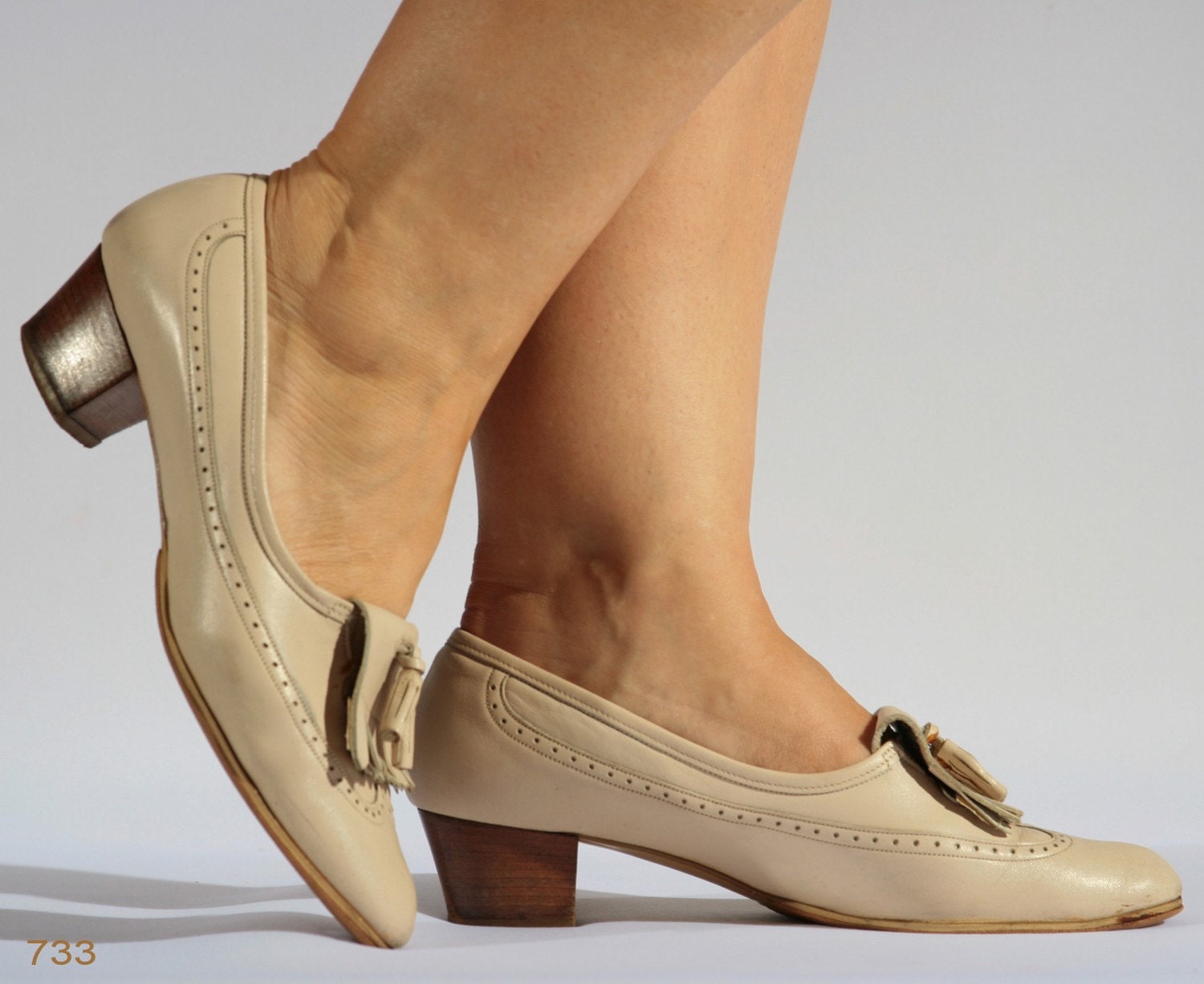 Vintage 50s  NUDE leather OXFORD JAZZ DANCE flats with FRINGES and tassels,   wooden heel, size 6 1/2 - 7, EUR 37 - 37.5