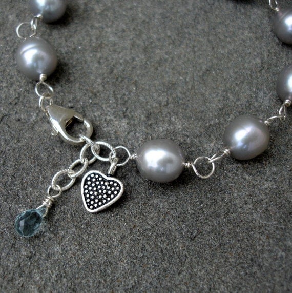 Buy birthstone jewelry for grandmothers - Grey Pearl Bracelet, Wire Wrapped Sterling Silver, Mother's Day, Grandmother Gift, Birthstone Jewelry