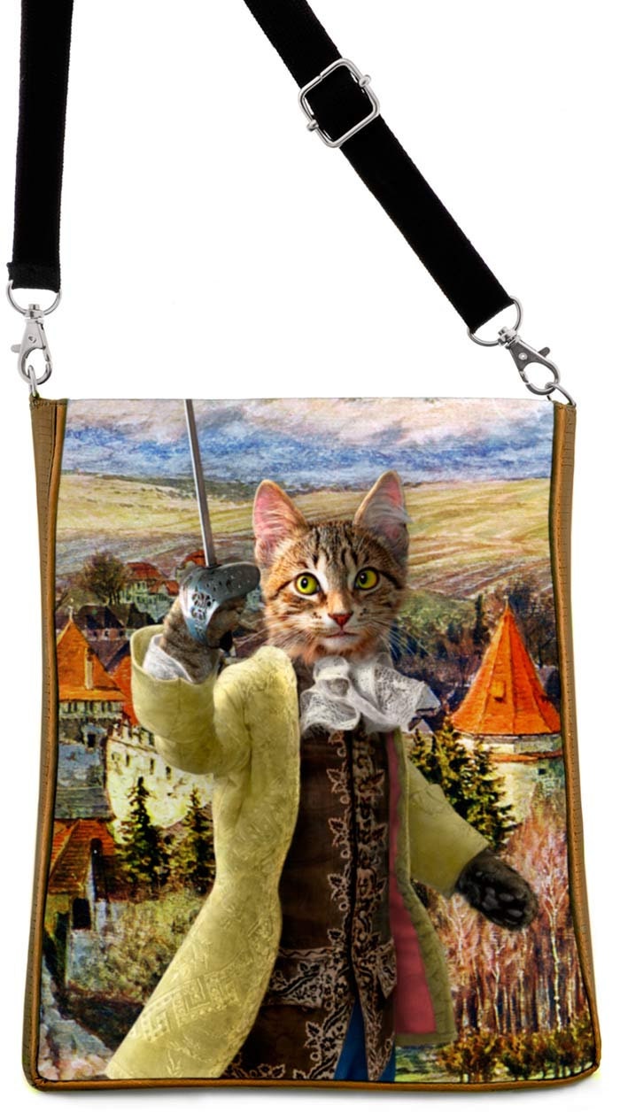 Printed LARGE shoulder bag purse with 'The Brave Tabby ' Bohemian Cats print with gold silk mix.