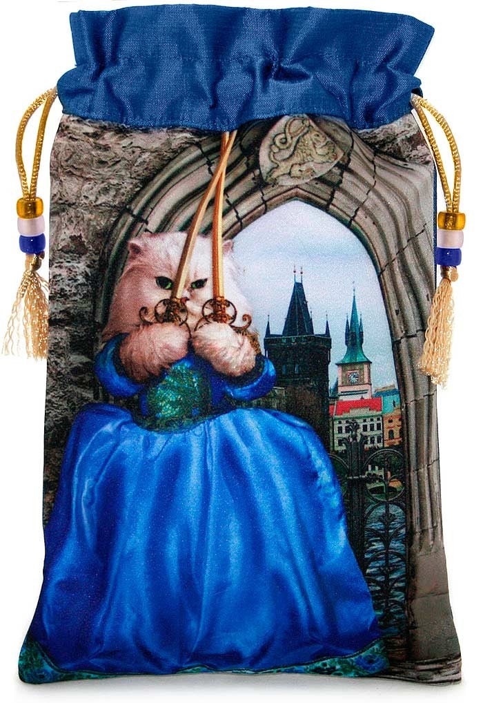 The Persian Swordswoman. Drawstring pouch with satin print and pure silk. Mid blue silk.