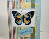 Handmade birthday greeting card blue and gold butterfly