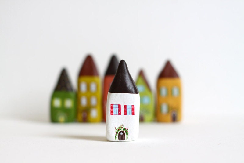 Little Home No 185 - Brown and white with flowers little clay house
