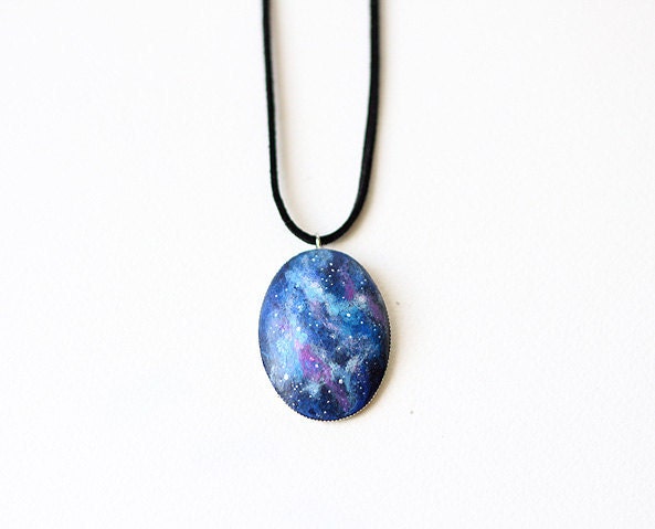 Nebula necklace - hand painted pendant with a faux suede cord